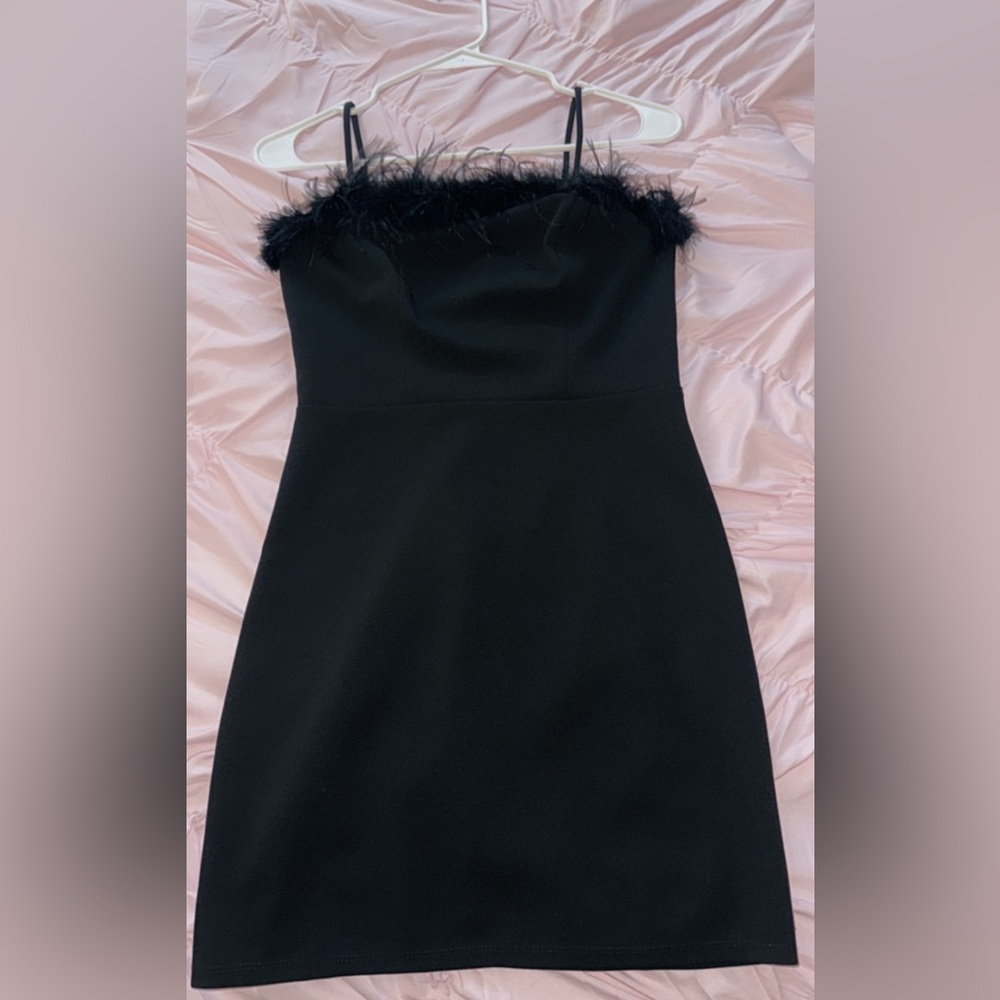 Black Feather Trim Mini Dress